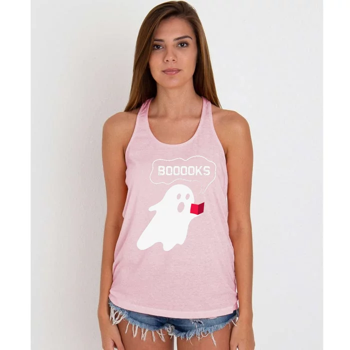 Ghost Books Halloween Bookworm Reading Teacher Librarian Women's Knotted Racerback Tank