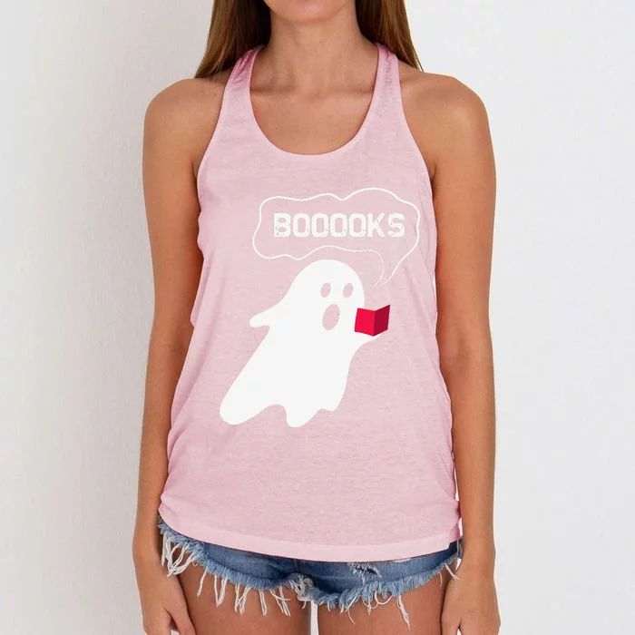 Ghost Books Halloween Bookworm Reading Teacher Librarian Women's Knotted Racerback Tank