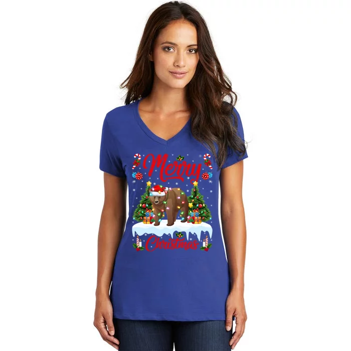 Grizzly Bear Lights Xmas Tree Santa Grizzly Bear Christmas Funny Gift Women's V-Neck T-Shirt