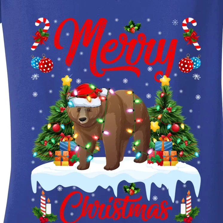 Grizzly Bear Lights Xmas Tree Santa Grizzly Bear Christmas Funny Gift Women's V-Neck T-Shirt