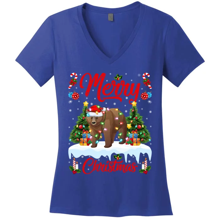 Grizzly Bear Lights Xmas Tree Santa Grizzly Bear Christmas Funny Gift Women's V-Neck T-Shirt