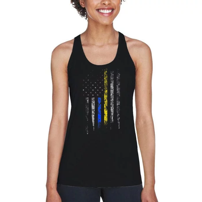 Gold Blue Line 911 Police Dispatcher First Responder Women's Racerback Tank