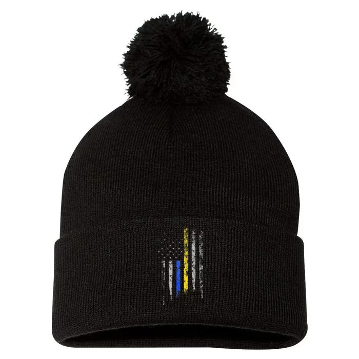 Gold Blue Line 911 Police Dispatcher First Responder Pom Pom 12in Knit Beanie