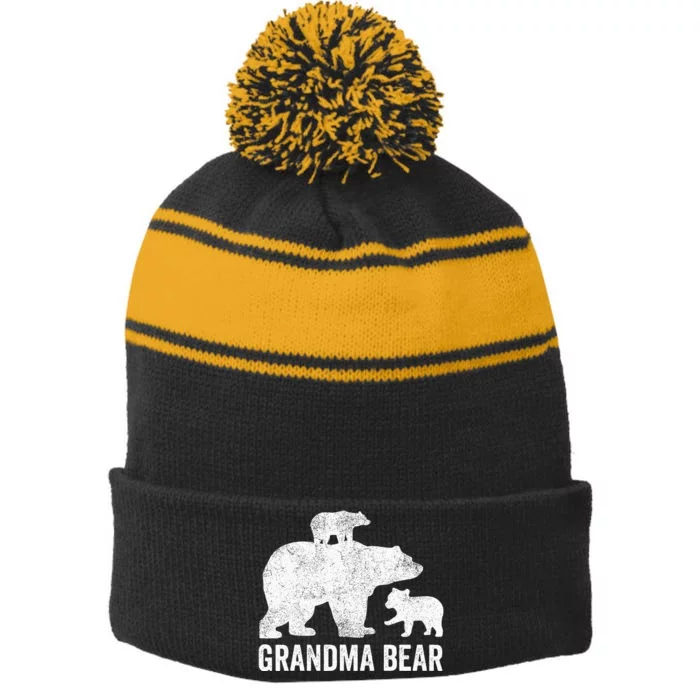 Grandma Bear Mothers Day Funny Two Cub Kids Grandmom Stripe Pom Pom Beanie