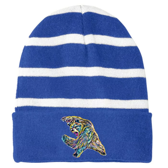 Grizzly Bear Motif Grizzlies Predator Bears Forest Animals Gift Striped Beanie with Solid Band