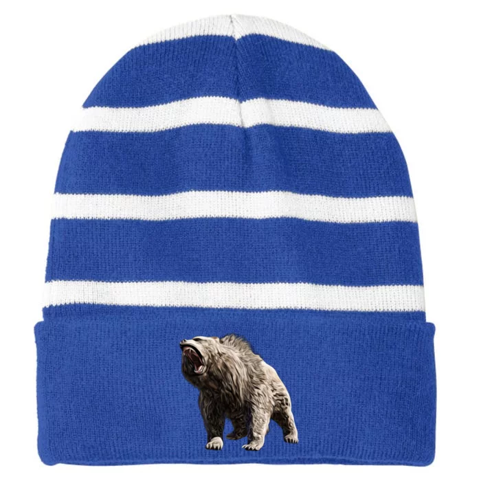 Grizzly Bear Motif Grizzlies Predator Bears Forest Animals Gift Striped Beanie with Solid Band