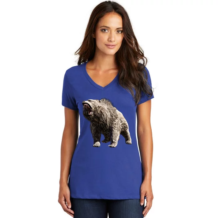 Grizzly Bear Motif Grizzlies Predator Bears Forest Animals Gift Women's V-Neck T-Shirt