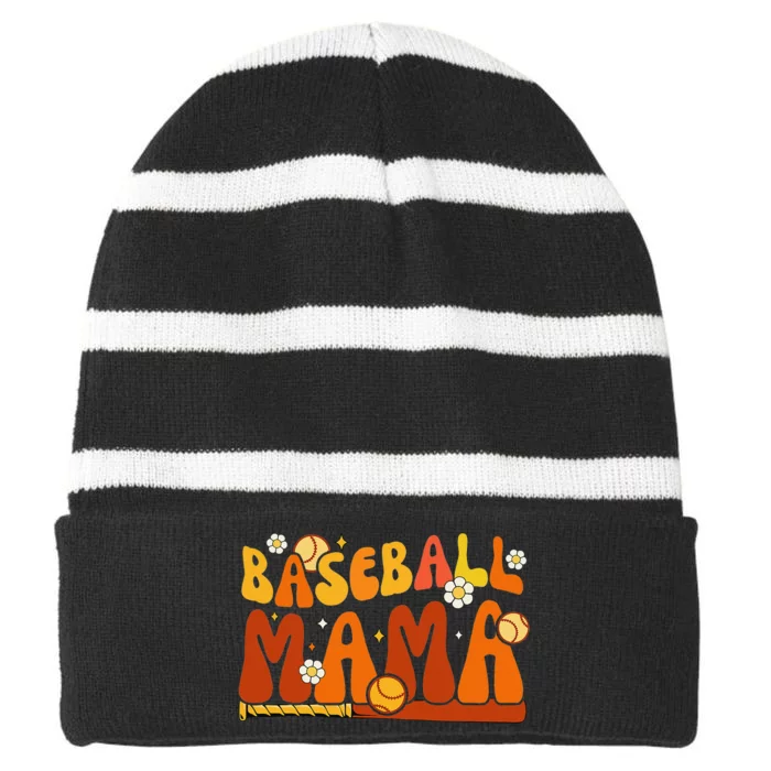 Groovy Baseball Mama Softball Pitcher Catcher Mothers Day Striped Beanie with Solid Band