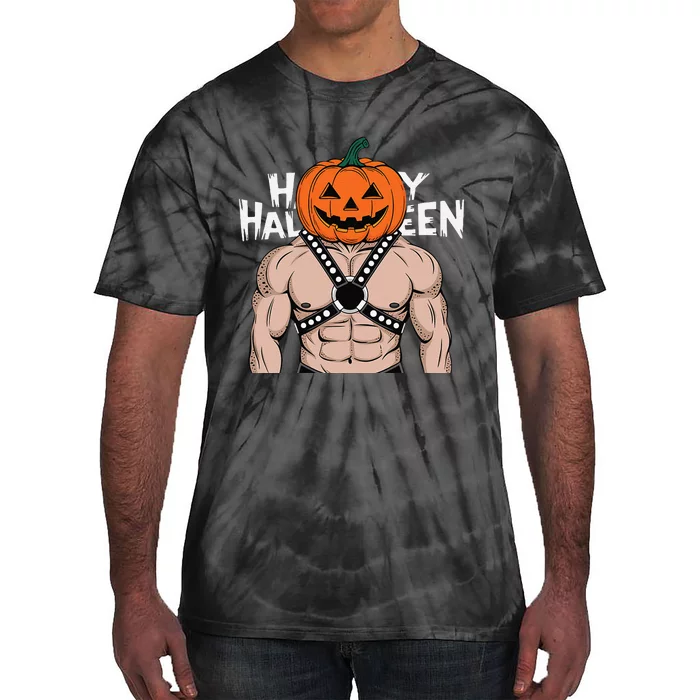 Gay Bear Muscle Daddy Pumpkin Head Leather Harness Halloween Tie-Dye T-Shirt