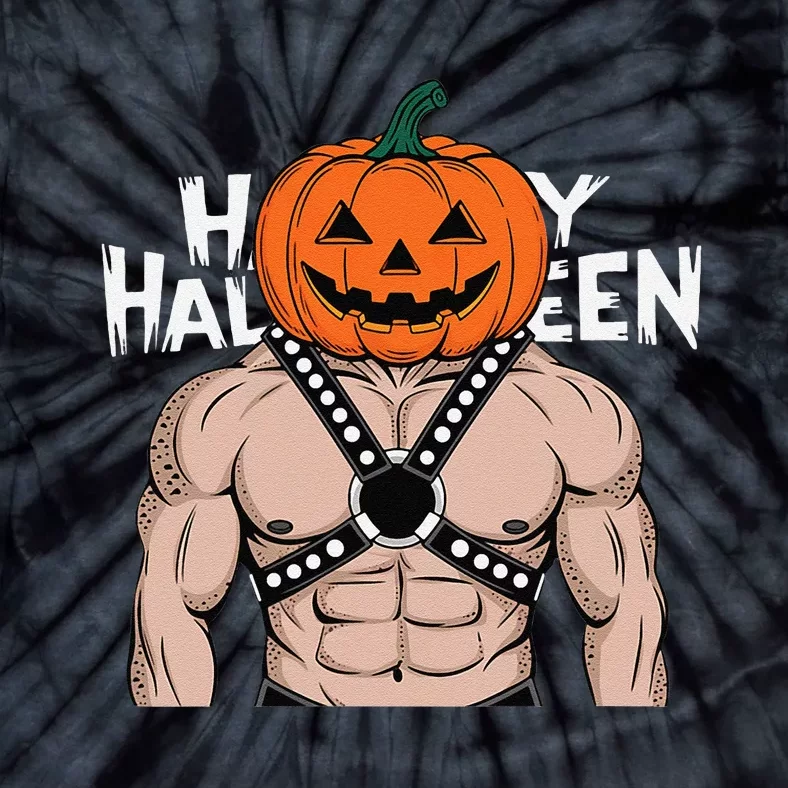 Gay Bear Muscle Daddy Pumpkin Head Leather Harness Halloween Tie-Dye T-Shirt