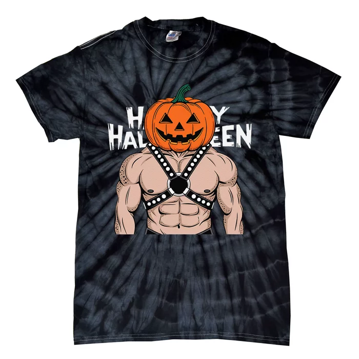 Gay Bear Muscle Daddy Pumpkin Head Leather Harness Halloween Tie-Dye T-Shirt