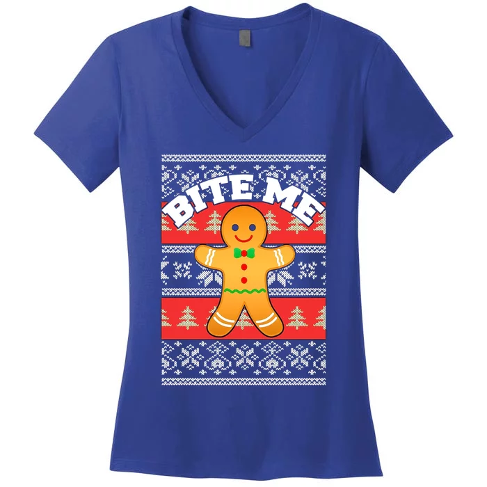 Gingerbread Bite Me Funny Ugly Christmas Sweater Gift Women's V-Neck T-Shirt