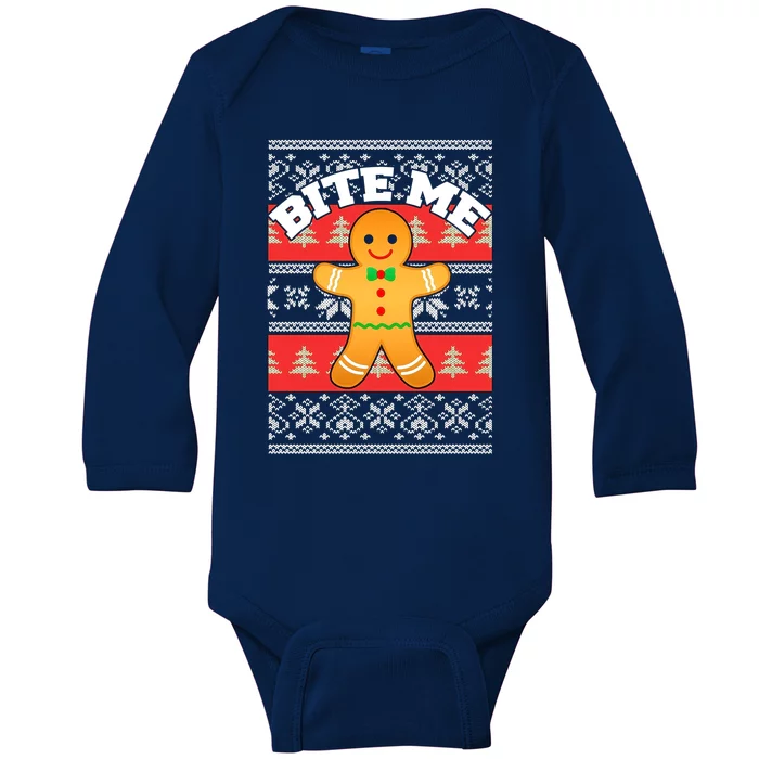 Gingerbread Bite Me Funny Ugly Christmas Sweater Gift Baby Long Sleeve Bodysuit