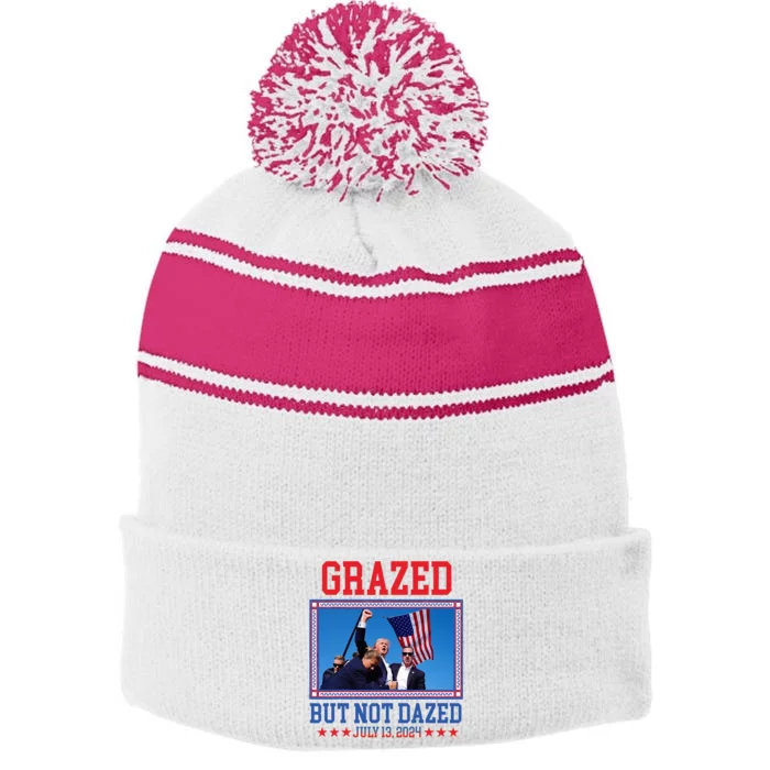 Grazed But Not Dazed Trump Shot Stripe Pom Pom Beanie