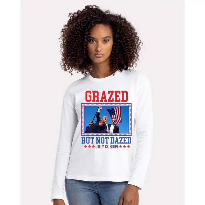 Grazed But Not Dazed Trump Shot Womens Cotton Relaxed Long Sleeve T-Shirt