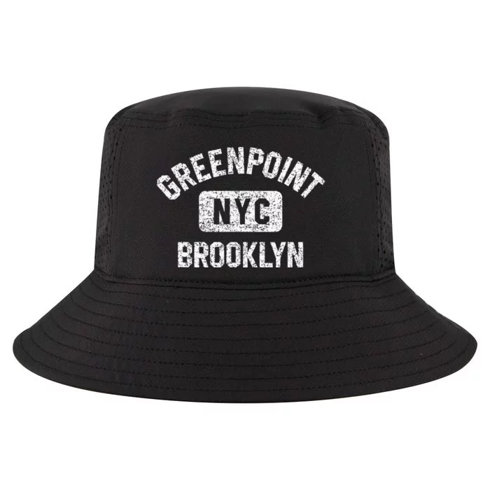 Greenpoint Brooklyn NYC Gym Style Distressed White Print Cool Comfort Performance Bucket Hat