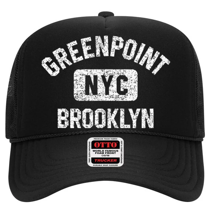 Greenpoint Brooklyn NYC Gym Style Distressed White Print High Crown Mesh Trucker Hat