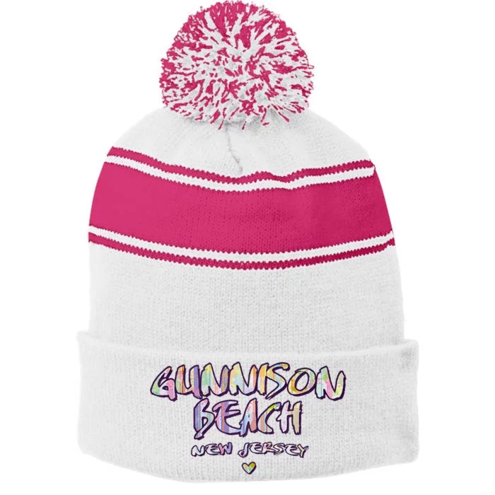 Gunnison Beach New Jersey Gunnison Beach Nj Watercolor Stripe Pom Pom Beanie