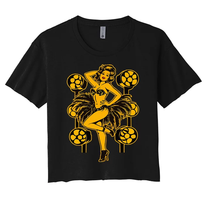 Golden Burlesque Pinup Girl With Spotlight Women's Crop Top Tee