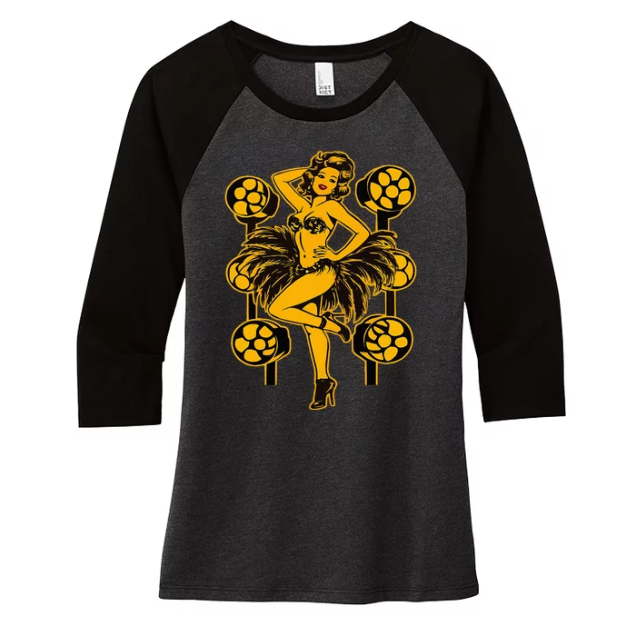 Golden Burlesque Pinup Girl With Spotlight Women's Tri-Blend 3/4-Sleeve Raglan Shirt