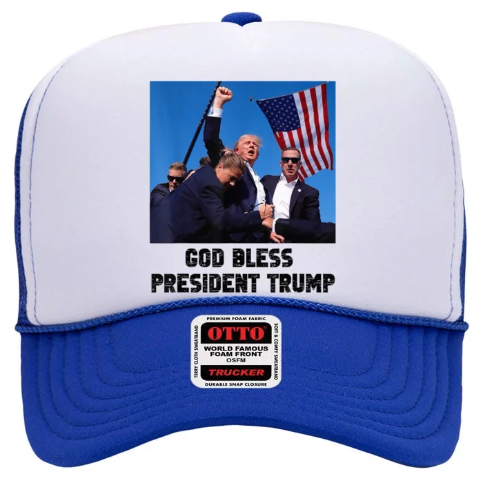 God Bless President Trump Donald Trump 2024 High Crown Mesh Trucker Hat