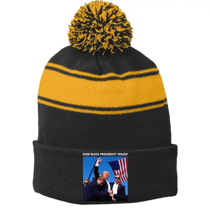 God Bless President Trump Shooting At Donald Trump Rally Stripe Pom Pom Beanie