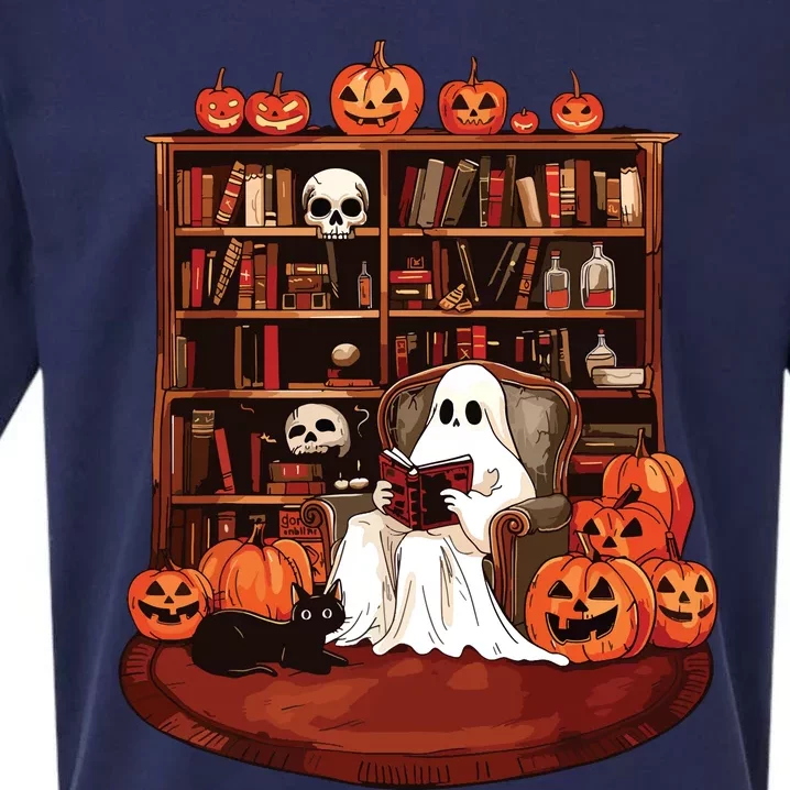 Ghost Book Reading Teacher Halloween Librarian Book Lovers Sueded Cloud Jersey T-Shirt