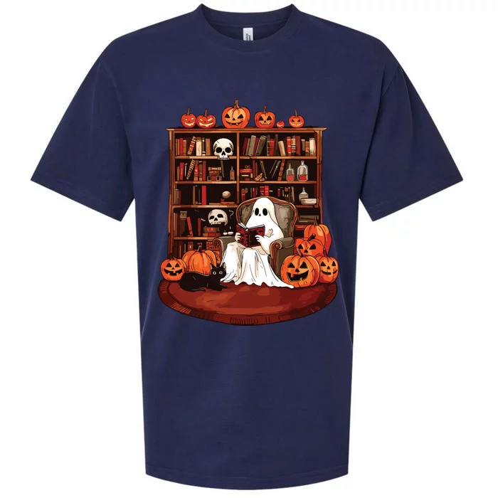 Ghost Book Reading Teacher Halloween Librarian Book Lovers Sueded Cloud Jersey T-Shirt