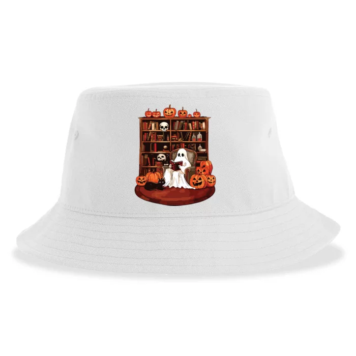 Ghost Book Reading Teacher Halloween Librarian Book Lovers Sustainable Bucket Hat