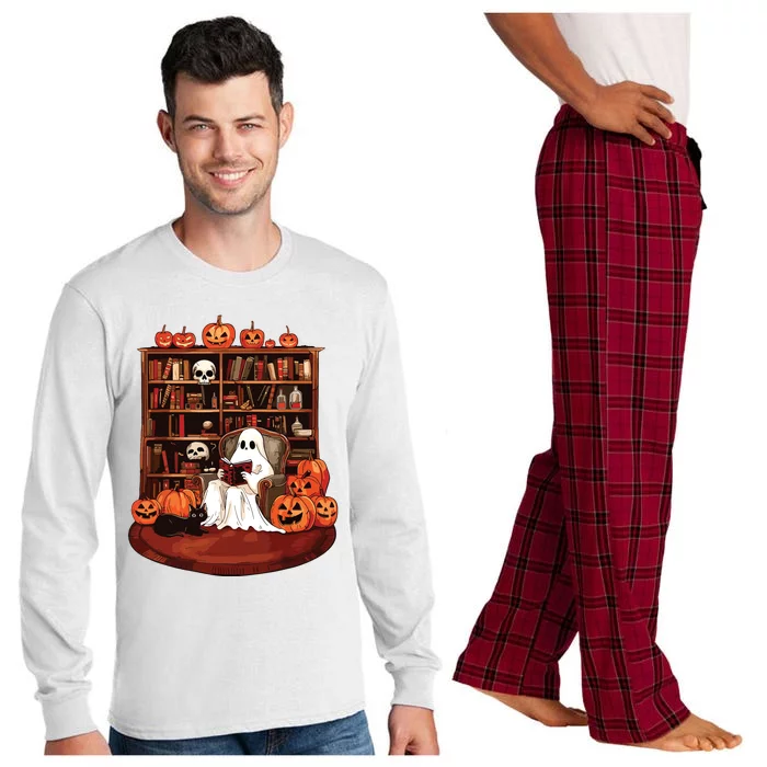 Ghost Book Reading Teacher Halloween Librarian Book Lovers Long Sleeve Pajama Set