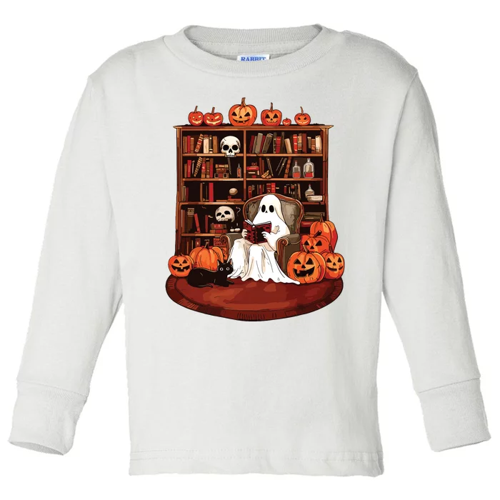 Ghost Book Reading Teacher Halloween Librarian Book Lovers Toddler Long Sleeve Shirt