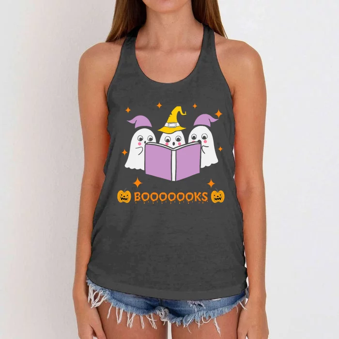 Ghost Book Reading Halloween Teacher Books Lover Women's Knotted Racerback Tank