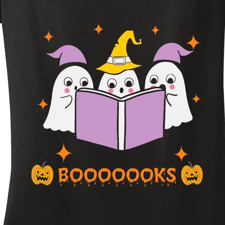 Ghost Book Reading Halloween Teacher Books Lover Women's V-Neck T-Shirt