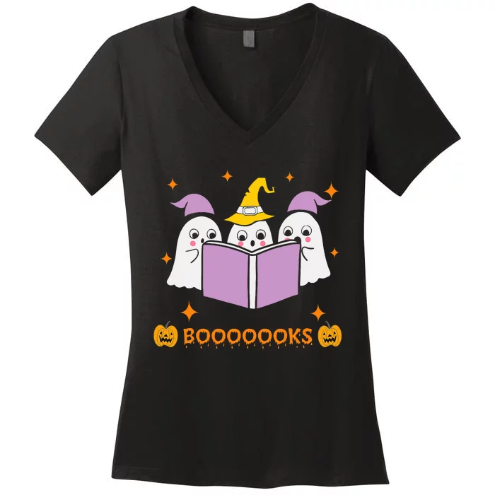 Ghost Book Reading Halloween Teacher Books Lover Women's V-Neck T-Shirt