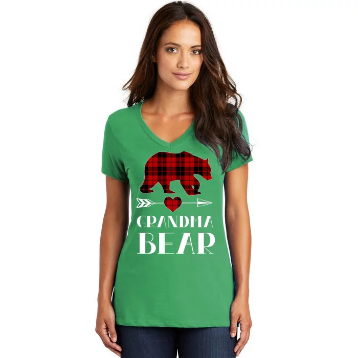 Grandma Bear Red Plaid Women's V-Neck T-Shirt