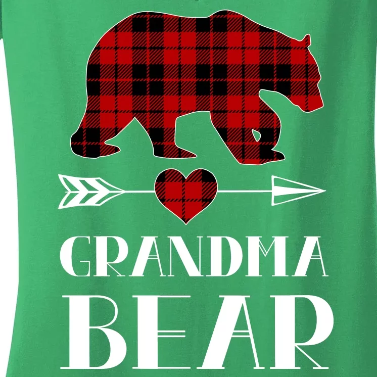 Grandma Bear Red Plaid Women's V-Neck T-Shirt