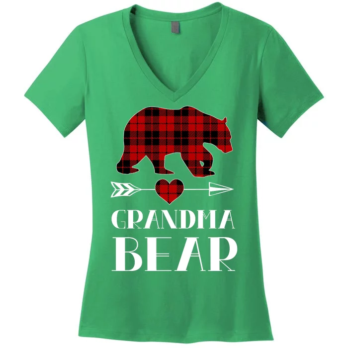 Grandma Bear Red Plaid Women's V-Neck T-Shirt