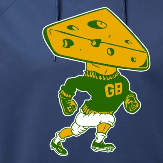 Green Bay Retro Mascot Cheese Head Man Performance Fleece Hoodie