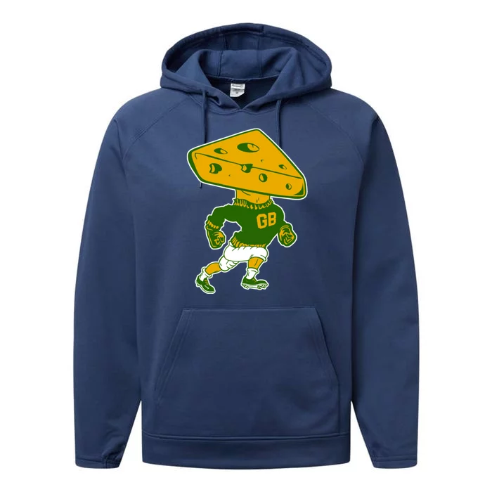 Green Bay Retro Mascot Cheese Head Man Performance Fleece Hoodie