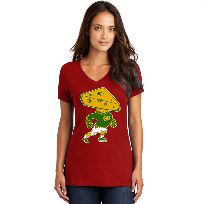 Green Bay Retro Mascot Cheese Head Man Women's V-Neck T-Shirt