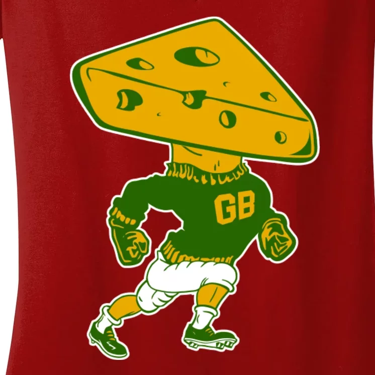 Green Bay Retro Mascot Cheese Head Man Women's V-Neck T-Shirt