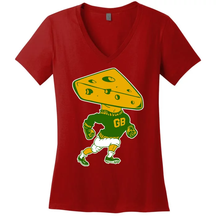 Green Bay Retro Mascot Cheese Head Man Women's V-Neck T-Shirt