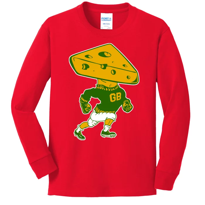 Green Bay Retro Mascot Cheese Head Man Kids Long Sleeve Shirt