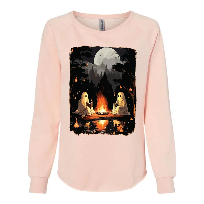 Ghost Book Reading Camping Gothic Halloween Retro Sweatshirt Womens California Wash Sweatshirt