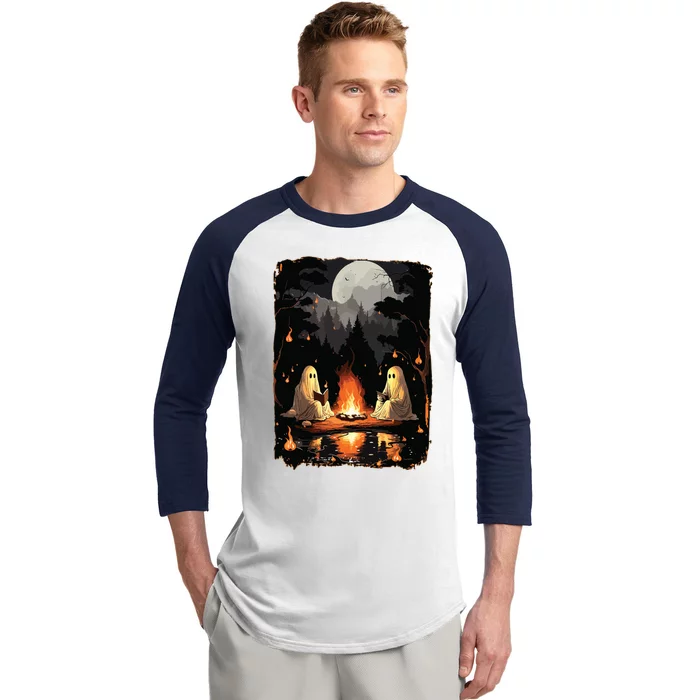 Ghost Book Reading Camping Gothic Halloween Retro Sweatshirt Baseball Sleeve Shirt