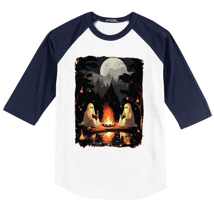 Ghost Book Reading Camping Gothic Halloween Retro Sweatshirt Baseball Sleeve Shirt