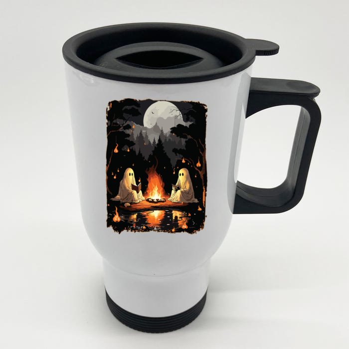 Ghost Book Reading Camping Gothic Halloween Retro Sweatshirt Front & Back Stainless Steel Travel Mug