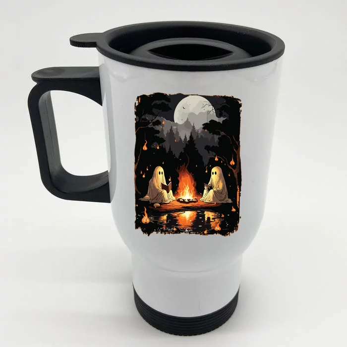 Ghost Book Reading Camping Gothic Halloween Retro Sweatshirt Front & Back Stainless Steel Travel Mug