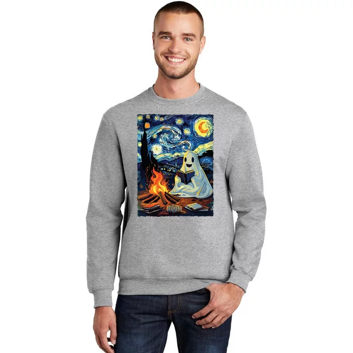 Ghost Book Reading Camping Halloween Van Gogh Starry Night Tall Sweatshirt