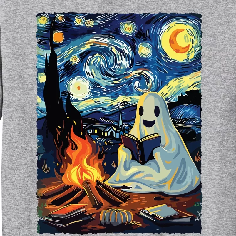 Ghost Book Reading Camping Halloween Van Gogh Starry Night Tall Sweatshirt